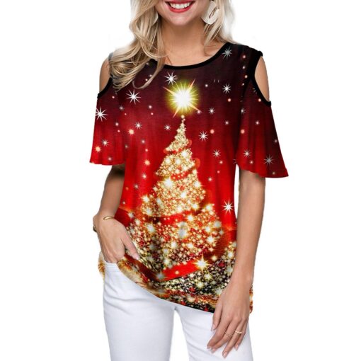 2020 New Women's Shirt Casual Fashion Christmas Trees Printed Lax Round Collar Short Sleeve Tee Female Clothes Christmas T-shirt