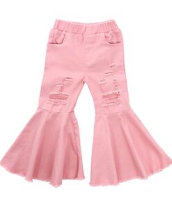 2020 Children Girl Pink Flare Pants Toddler Kids Baby Solid Holes Ripped Boot Cute Flare Long Pants Denim Bell-bottomed Trousers