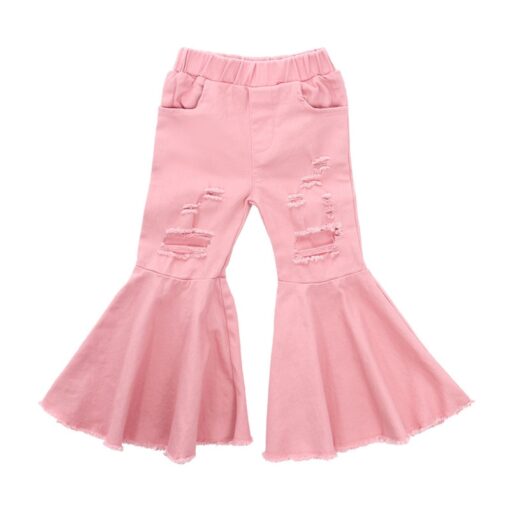 2020 Children Girl Pink Flare Pants Toddler Kids Baby Solid Holes Ripped Boot Cute Flare Long Pants Denim Bell-bottomed Trousers