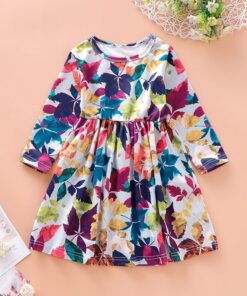 New Dress Girl Kids Children Clothing Cotton Colorful Floral Printed Casual O-Neck Princess Long Sleeve Dress Girls Dresses