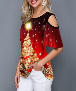 2020 New Women's Shirt Casual Fashion Christmas Trees Printed Lax Round Collar Short Sleeve Tee Female Clothes Christmas T-shirt