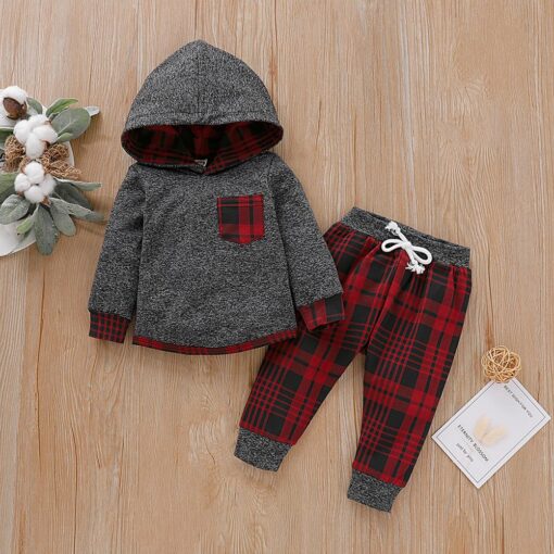 Baby Clothes Boy 6 Months Toddler Boy Winter Clothes Black Long Sleeve Hoodie Gray Plaid Print Cartoon Dinosaur Baby Boy Outfits