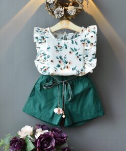 2020 New Summer Girls Green Cute Sleeveless Children's Floral Children's Clothing Girls Tops + Shorts 2 Sets Of Free Shipping