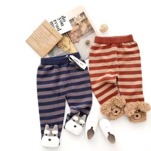 Tonytaobaby Autumn and Winter New Boys and Girls Thick Stripe Three-dimensional Animal Bottomed Knitted Pants