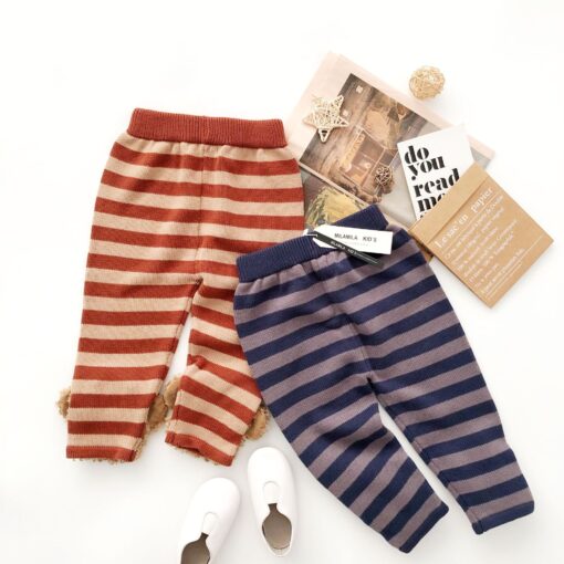 Tonytaobaby Autumn and Winter New Boys and Girls Thick Stripe Three-dimensional Animal Bottomed Knitted Pants