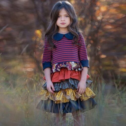 2020 INS Girls Spring and Autum Dress Kids Flower Pastoral Style Striped Long-sleeved Dresses England Cute Princess for Children
