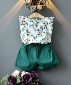 2020 New Summer Girls Green Cute Sleeveless Children's Floral Children's Clothing Girls Tops + Shorts 2 Sets Of Free Shipping