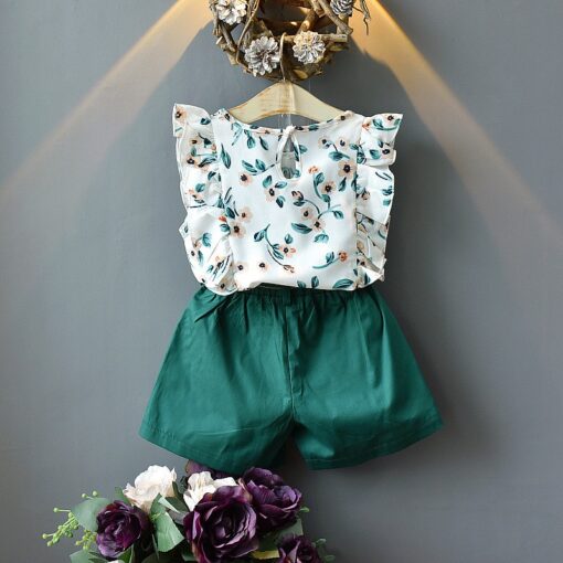 2020 New Summer Girls Green Cute Sleeveless Children's Floral Children's Clothing Girls Tops + Shorts 2 Sets Of Free Shipping