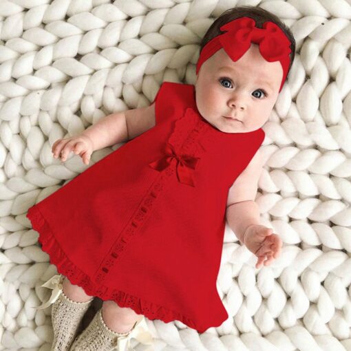 Newborn Baby Girl Dress Sleeveless Casual Maxi Bow Dress+Headband Set outfit Bowknot Ruffle Red Clothes Baby Summer Dress