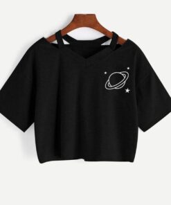 Sexy V-neck tops Harajuku Casual Planet Printed Girls Short Sleeve Top Crop T-Shirt summer tops for women Korean Black gothic