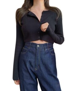 Thin Women's Knitted Cardigan Sexy Solid Color T-shirt Crop Trendy Casual Long Sleeve Women T shirt