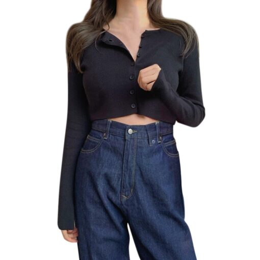 Thin Women's Knitted Cardigan Sexy Solid Color T-shirt Crop Trendy Casual Long Sleeve Women T shirt