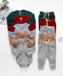 Infant Newborn Baby Girls Boys Spring Autumn Ribbed Solid Clothes Sets Long Sleeve Bodysuits + Elastic Pants 2PCs Solid Outfits