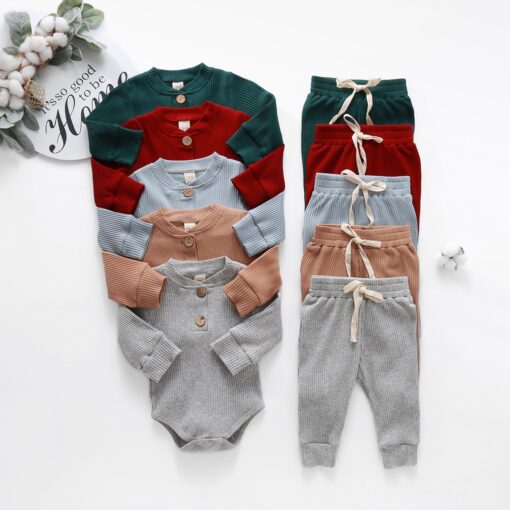 Infant Newborn Baby Girls Boys Spring Autumn Ribbed Solid Clothes Sets Long Sleeve Bodysuits + Elastic Pants 2PCs Solid Outfits