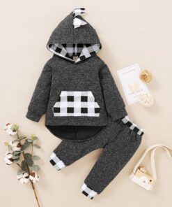Baby Clothes Boy 6 Months Toddler Boy Winter Clothes Black Long Sleeve Hoodie Gray Plaid Print Cartoon Dinosaur Baby Boy Outfits