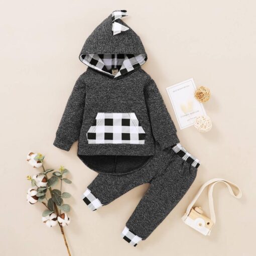 Baby Clothes Boy 6 Months Toddler Boy Winter Clothes Black Long Sleeve Hoodie Gray Plaid Print Cartoon Dinosaur Baby Boy Outfits