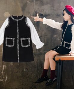 Bear Leader School New Girls Clothing Dress Baby Casual Dress Kids Patchwork Fall Clothes Children Long Sleeve Dress Blue White
