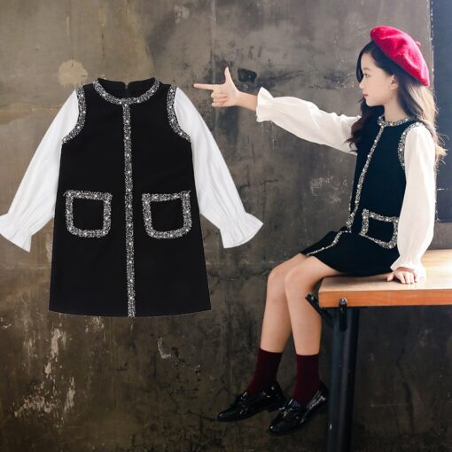 Bear Leader School New Girls Clothing Dress Baby Casual Dress Kids Patchwork Fall Clothes Children Long Sleeve Dress Blue White