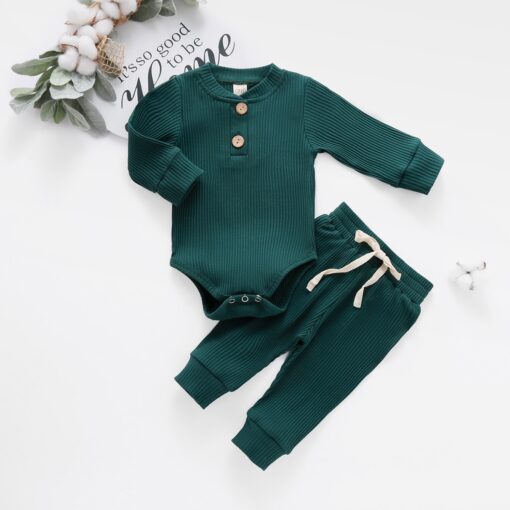 Infant Newborn Baby Girls Boys Spring Autumn Ribbed Solid Clothes Sets Long Sleeve Bodysuits + Elastic Pants 2PCs Solid Outfits