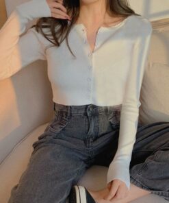 Thin Women's Knitted Cardigan Sexy Solid Color T-shirt Crop Trendy Casual Long Sleeve Women T shirt