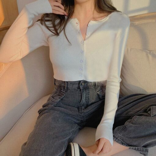 Thin Women's Knitted Cardigan Sexy Solid Color T-shirt Crop Trendy Casual Long Sleeve Women T shirt