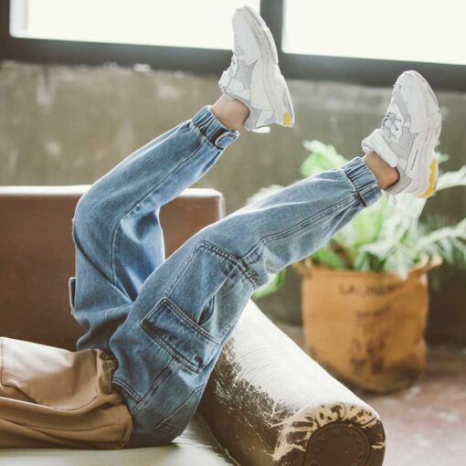 New Jeans For Boys Solid Jeans Pants For Boys Velcro Cargo Pants Kids Jeans Boy Spring Autumn Casual Teenage Clothes For Boys