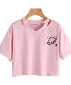 Sexy V-neck tops Harajuku Casual Planet Printed Girls Short Sleeve Top Crop T-Shirt summer tops for women Korean Black gothic