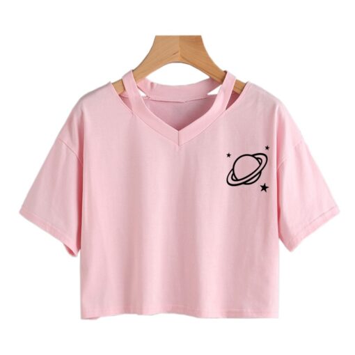 Sexy V-neck tops Harajuku Casual Planet Printed Girls Short Sleeve Top Crop T-Shirt summer tops for women Korean Black gothic