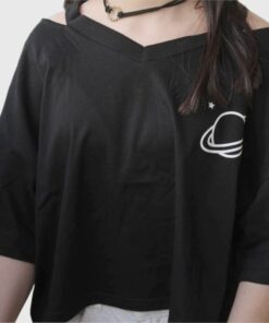 Sexy V-neck tops Harajuku Casual Planet Printed Girls Short Sleeve Top Crop T-Shirt summer tops for women Korean Black gothic