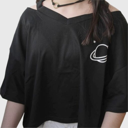 Sexy V-neck tops Harajuku Casual Planet Printed Girls Short Sleeve Top Crop T-Shirt summer tops for women Korean Black gothic