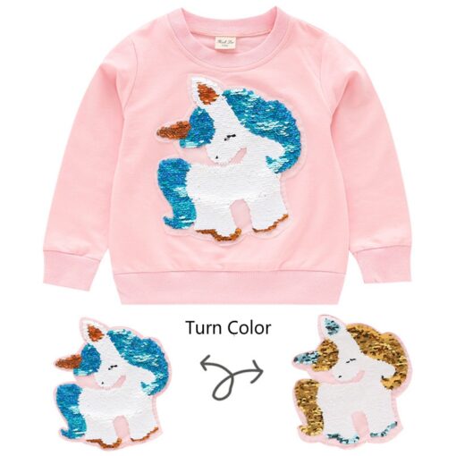 Autumn Girls Sweatshirt Unicorn Sequined Children T-shirt Cotton Long Sleeve Kids Tops Tees Fashion Girls Clothing