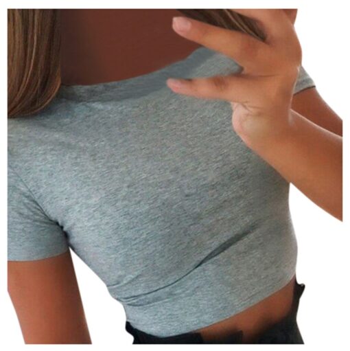 #H30 Solid Color Skinny T Shirt Women Short Sleeve O Neck Casual T-Shirt For Young Girls Gym Sports Crop Top Harajuku Tee Shirt