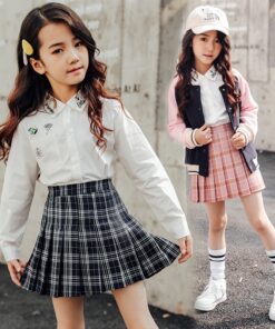Kids vintage pleated skirt for girl plaid cotton skirts school clothes spring autumn teenager girl skirt children clothing 3-14Y