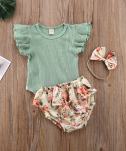 2020 0-24M Baby Hot Summer Clothing Newborn Baby Girl Ruffled Ribbed Bodysuit Floral Shorts Headband 3Pcs Sets Infant Outfits