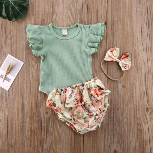 2020 0-24M Baby Hot Summer Clothing Newborn Baby Girl Ruffled Ribbed Bodysuit Floral Shorts Headband 3Pcs Sets Infant Outfits