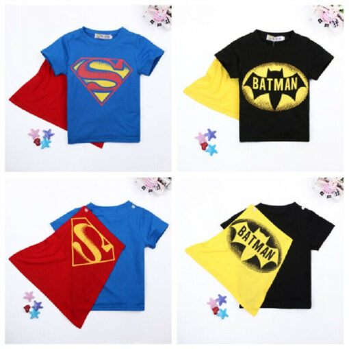 2020 Kids Boys T-shirt Tops with Cape Superman Batman Children summer Short Sleeve t-shirt Tee tops Baby Boys Clothes custume