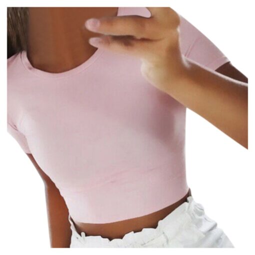 #H30 Solid Color Skinny T Shirt Women Short Sleeve O Neck Casual T-Shirt For Young Girls Gym Sports Crop Top Harajuku Tee Shirt