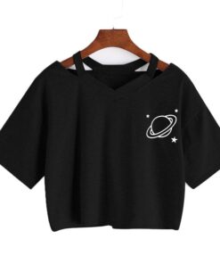 Sexy V-neck tops Harajuku Casual Planet Printed Girls Short Sleeve Top Crop T-Shirt summer tops for women Korean Black gothic