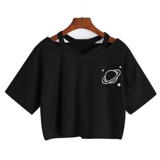 Sexy V-neck tops Harajuku Casual Planet Printed Girls Short Sleeve Top Crop T-Shirt summer tops for women Korean Black gothic