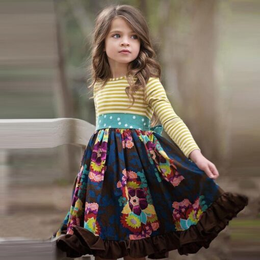 2020 INS Girls Spring and Autum Dress Kids Flower Pastoral Style Striped Long-sleeved Dresses England Cute Princess for Children