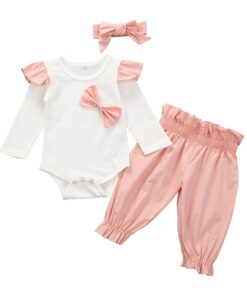 3Pcs Newborn Baby Girl Clothes Set Fashion Autumn Long Sleeve Solid Color Romper Tops Pants Headband Infant Clothing Outfits