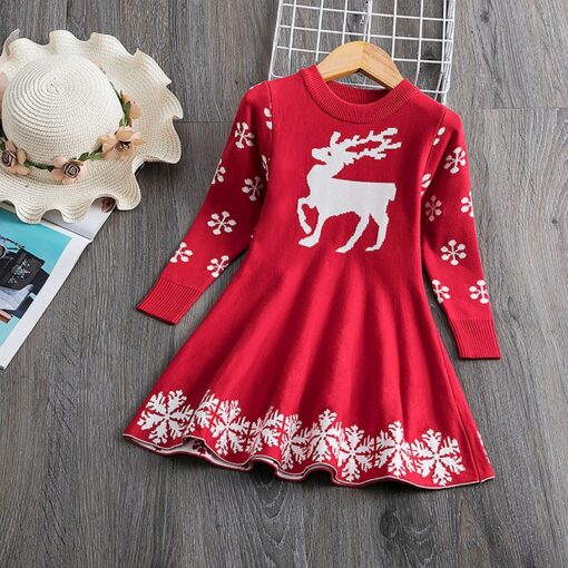 Long Sleeve Dress for Girls 3-8 Years Princess Costume Winter Knitted Kids Red Christmas Dress New Year Autumn Children Clothing