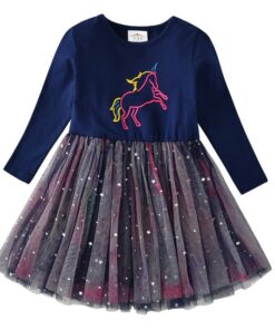 VIKITA Girls Princess Dresses Kids Cartoon Vestidos Children Autumn Dress Kids Dress for Girls Long Sleeve Unicorn Dresses