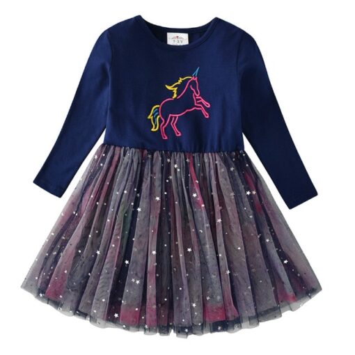 VIKITA Girls Princess Dresses Kids Cartoon Vestidos Children Autumn Dress Kids Dress for Girls Long Sleeve Unicorn Dresses