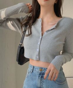 Thin Women's Knitted Cardigan Sexy Solid Color T-shirt Crop Trendy Casual Long Sleeve Women T shirt