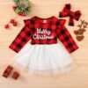 Christmas Letter Plaid Print Tulle Dress+headband Outfits Toddler Baby Girl Clothes Set My First Christmas Baby Girl Outfit
