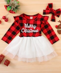 Christmas Letter Plaid Print Tulle Dress+headband Outfits Toddler Baby Girl Clothes Set My First Christmas Baby Girl Outfit