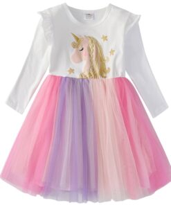 VIKITA Girls Princess Dresses Kids Cartoon Vestidos Children Autumn Dress Kids Dress for Girls Long Sleeve Unicorn Dresses