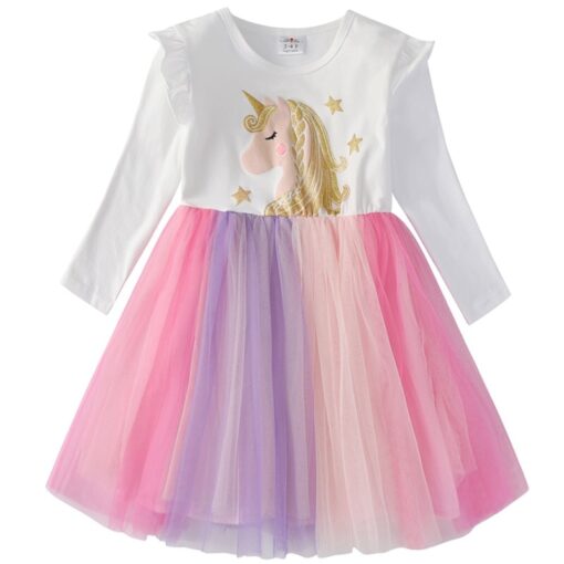 VIKITA Girls Princess Dresses Kids Cartoon Vestidos Children Autumn Dress Kids Dress for Girls Long Sleeve Unicorn Dresses