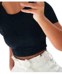 #H30 Solid Color Skinny T Shirt Women Short Sleeve O Neck Casual T-Shirt For Young Girls Gym Sports Crop Top Harajuku Tee Shirt